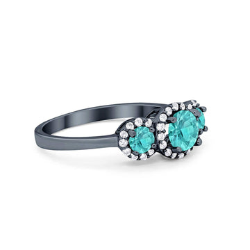 Three Stone Halo Black Tone, Simulated Paraiba Tourmaline CZ Engagement Promise Ring 925 Sterling Silver